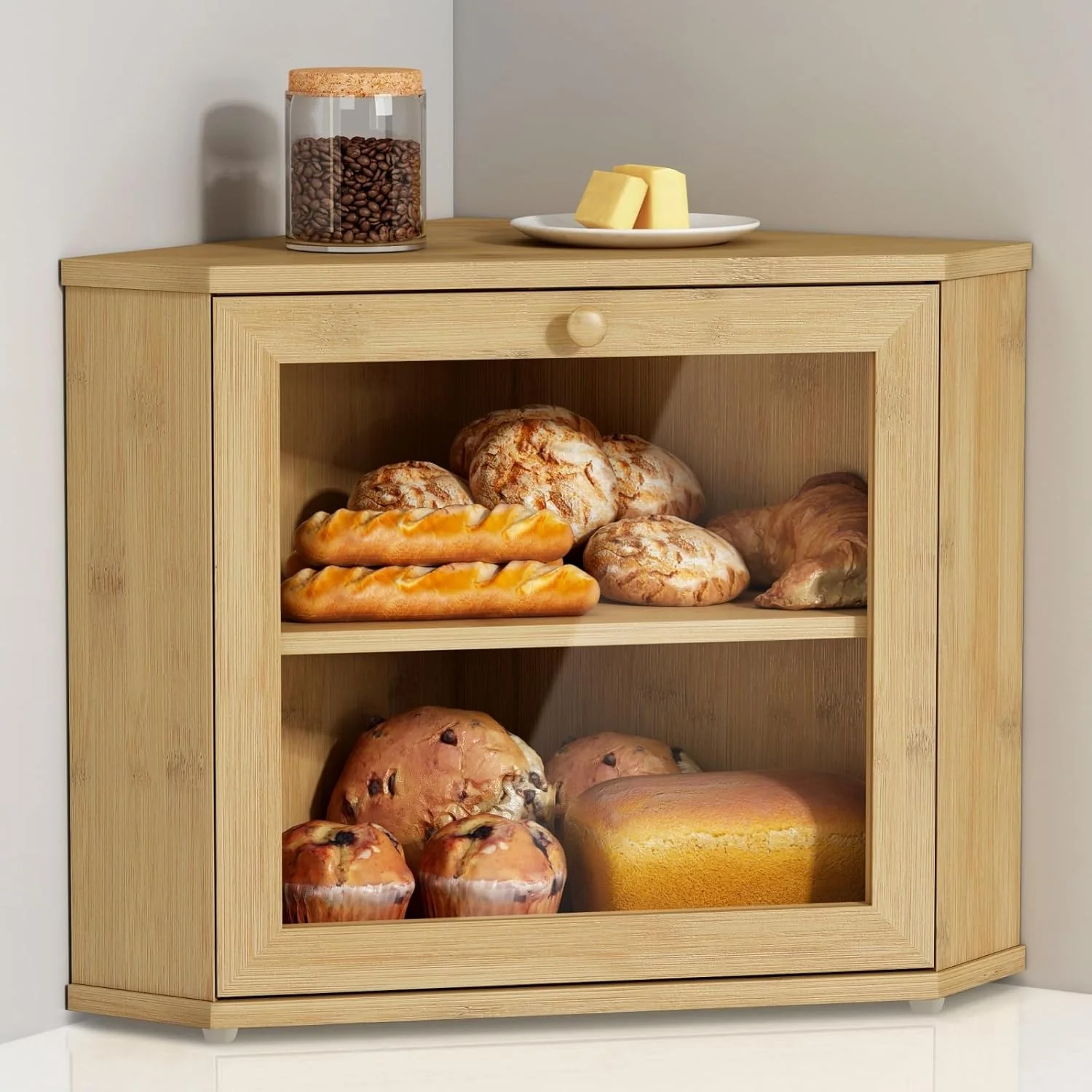 Goozii Bamboo Corner Bread Box for Kitchen Counter