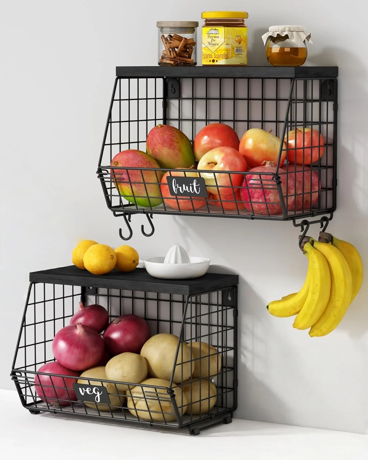 Goozii Black Kitchen Wall Hanging Storage Basket Set
